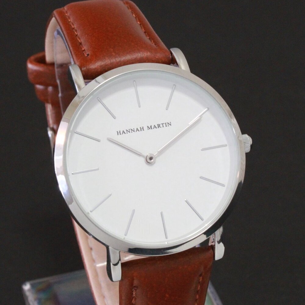 Men's Classic Minimalist 2 Hand Quartz Watch Raised Indices Brown Strap 36mm - Picture 1 of 12